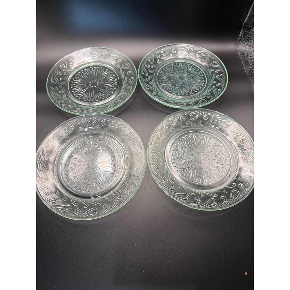 Vintage Uranium Glass Bread and Butter Plates Green Floral Paisley Set of 4 6"